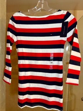 Tommy Hilfiger Red Navy White Striped Tee - Logo Detail